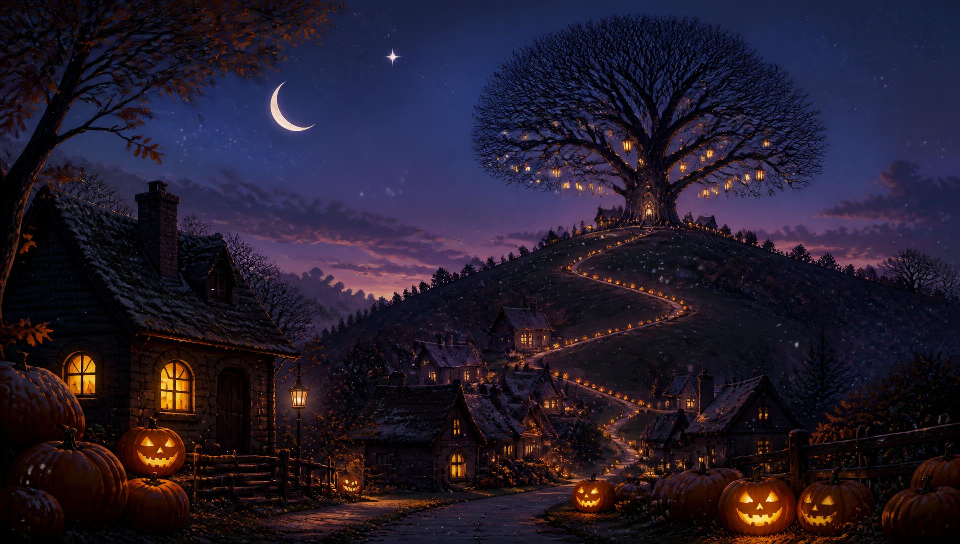 The village of Timblemoon at twilight, a lane of glowing jack-o-lanterns climbing the hill to the lantern-hung Big Oak
